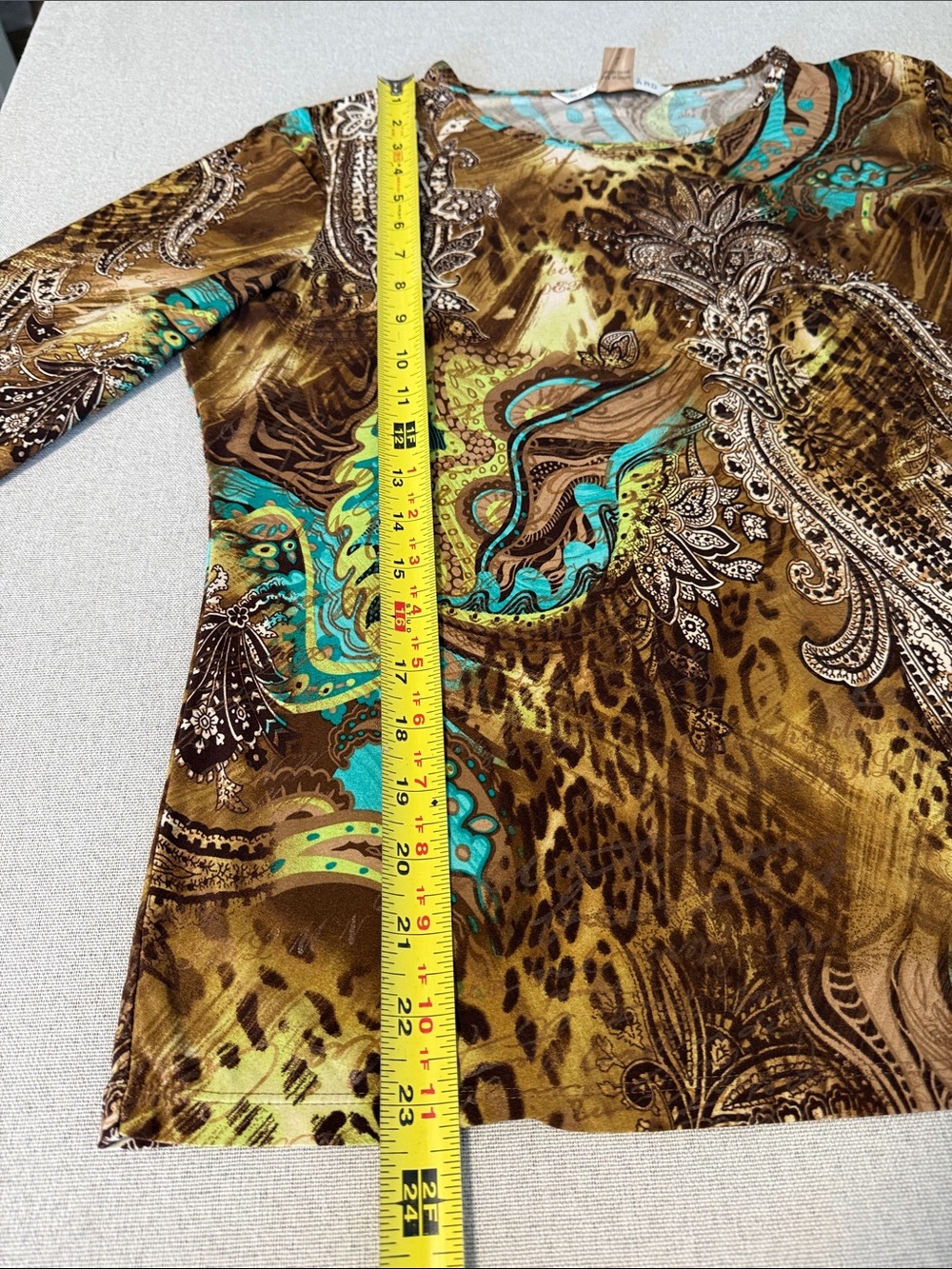 Peter Nygard Brown and Teal Paisley Animal Print 3/4 Sleeve Top SZL - Picture 10 of 14